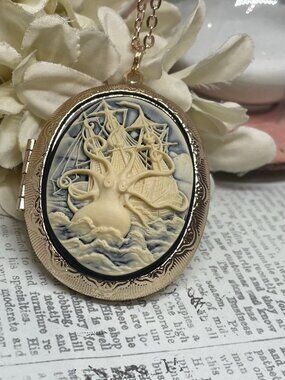 Rose Gold Kraken Octopus Ship Ocean Sea Nautical Locket Necklace Photo Jewelry